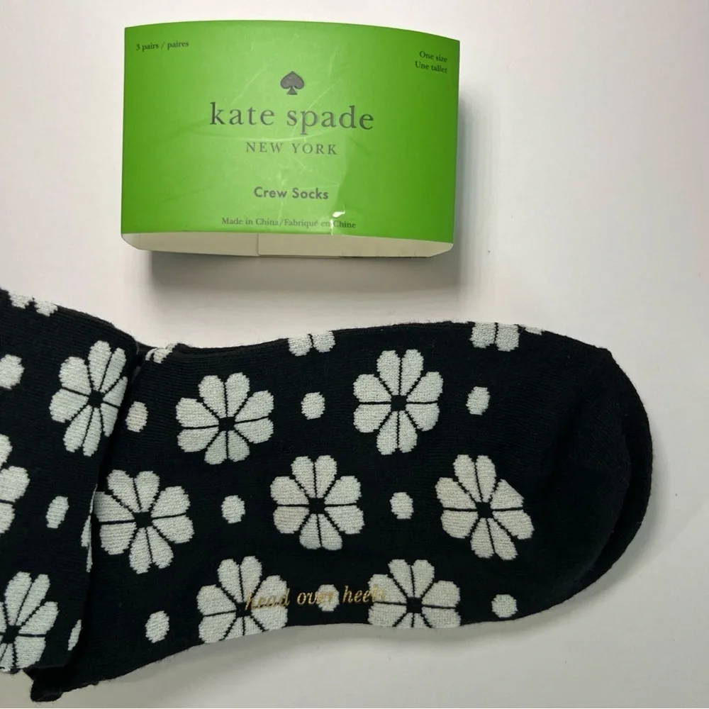 NWT Kate Spade Crew Socks 3 Pack One Size 4-10 Black White Striped Flower Animal - Picture 8 of 8
